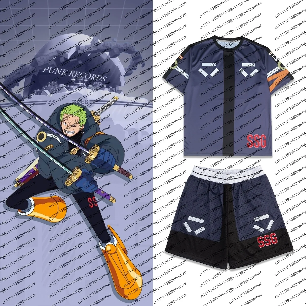 Latest Men' Casual Sports T-shirt Shorts Two-piece Set Anime One Piece Luffy Joba Children Role Playing Costume Fitness Exercise