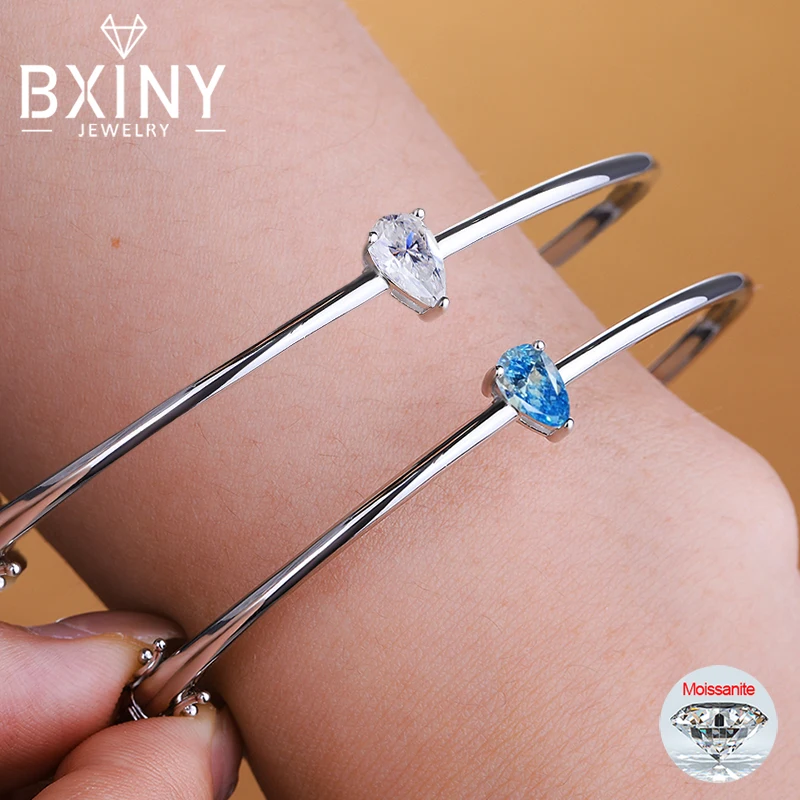 

BXINY 1CT Pear Cut Colorful Moissanite Bangle S925 Silver WaterDrop Solitaire Diamond Cuff Bracelet for Women Party Gift Jewelry