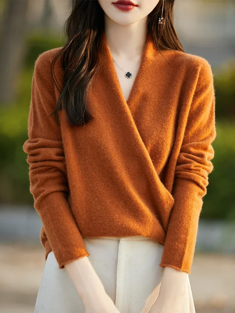 

Autumn Winter New 100% Merino Wool Knitwear Women V-Neck Pullover Sweater Female Grace Soft Clothes Long Sleeve Warm Tops