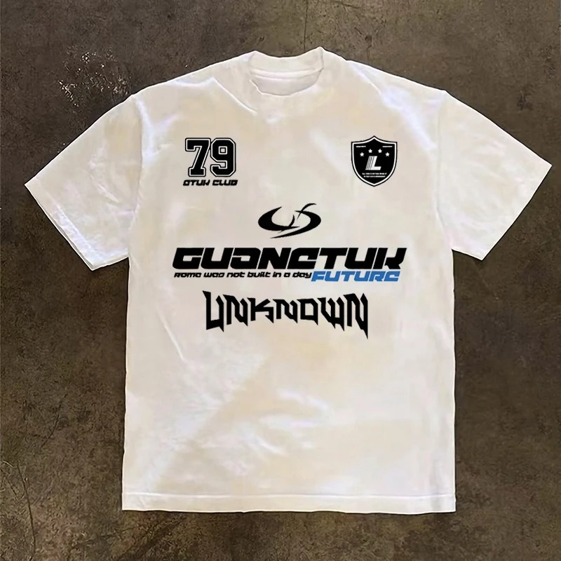

EANALEN American Casual Racing Locomotive Sports Short-sleeved T-shirt Men's Niche Trendy Brand Small Neckline Heavy