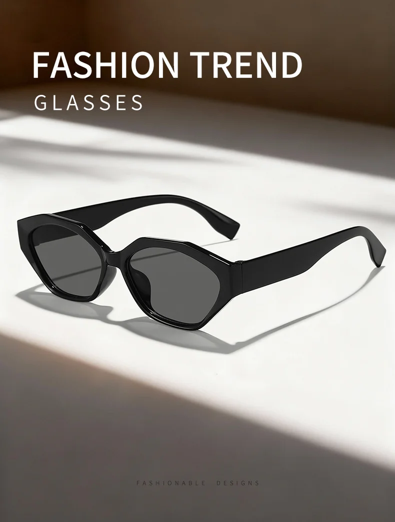 1 Stück personalisierte polygonale Cat-Eye-Sonnenbrille mit schwarzem Rahmen, UV-Schutz, Unisex-Stil, trendige Street-Style-Brille