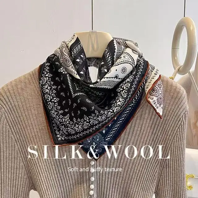 Luxury Two Tone Paisley Print Scarf Double Sided Silk Wool Blend Square Neck Scarf Elegant Women's Fashion Accessory #3