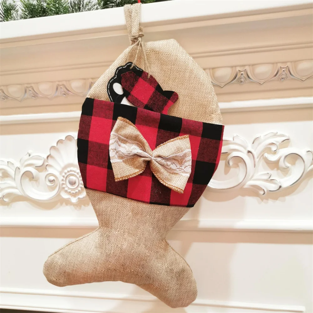 Plaid Christmas Stocking For Pet Buffalo Plaid Black And Red Checker Dog Bone Fish Shape For Puppy Kitty Cat With Bow - Image 5