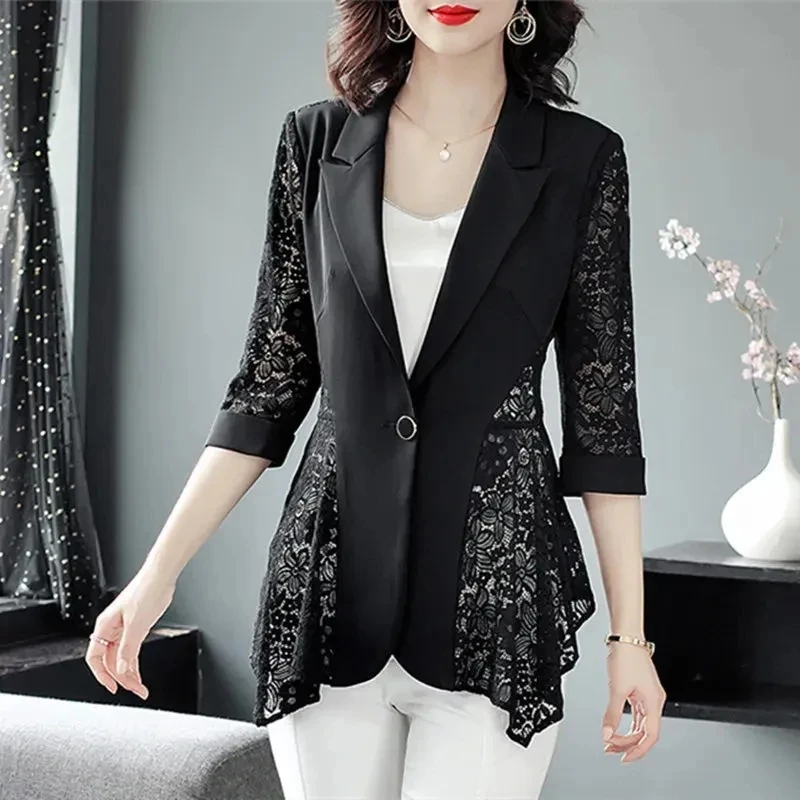 Black Lace Patchwork Fashion Suit Jacket Female 2024 Spring Summer Blazer New Elegant Single Button Thin Coat For Women Clothing