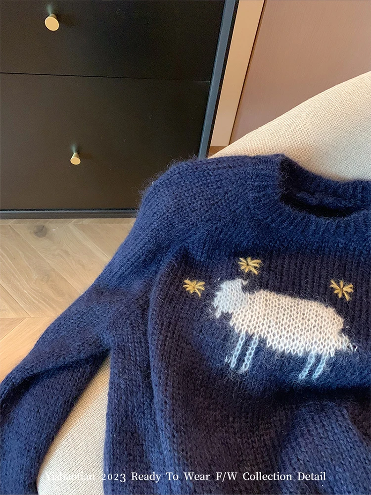 Pull à manches longues avec broderie d\'animaux de dessin animé, pull rétro américain, col rond, confortable, esthétique des années 2000, automne et