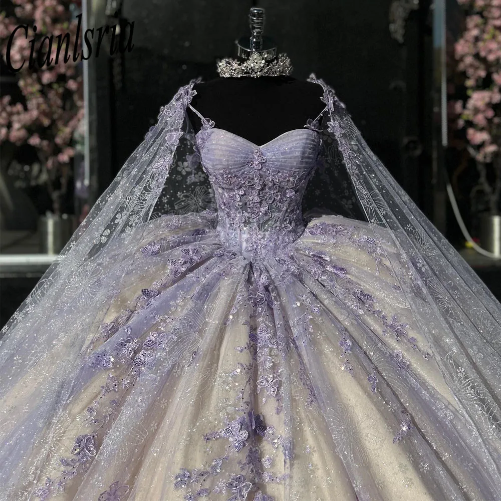 Vestido De baile De quinceañera con purpurina De cristal, vestido De quinceañera con capa, ilusión, apliques De lentejuelas, corsé, 15 Años