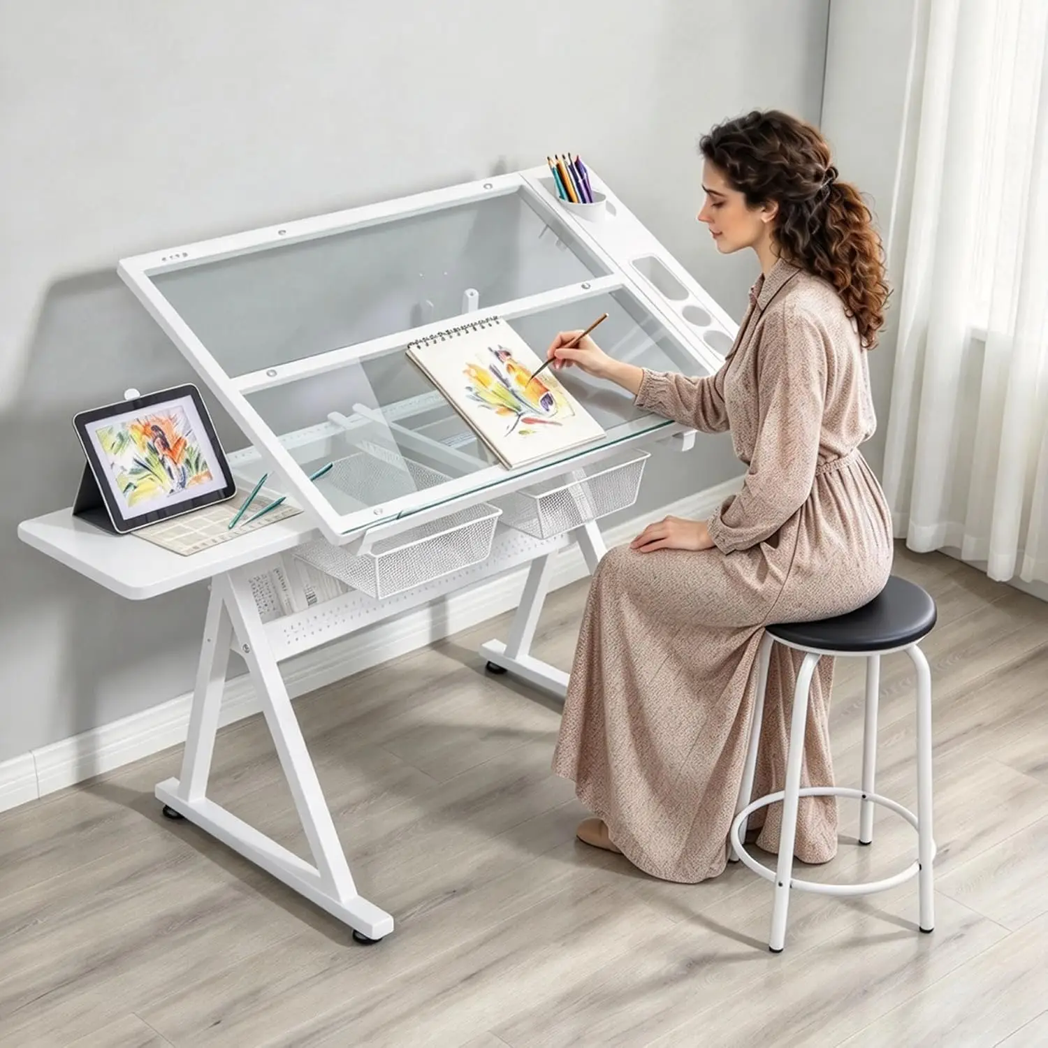 Glass Drafting Table, Height Adjustable Art Tabe with Stool, White