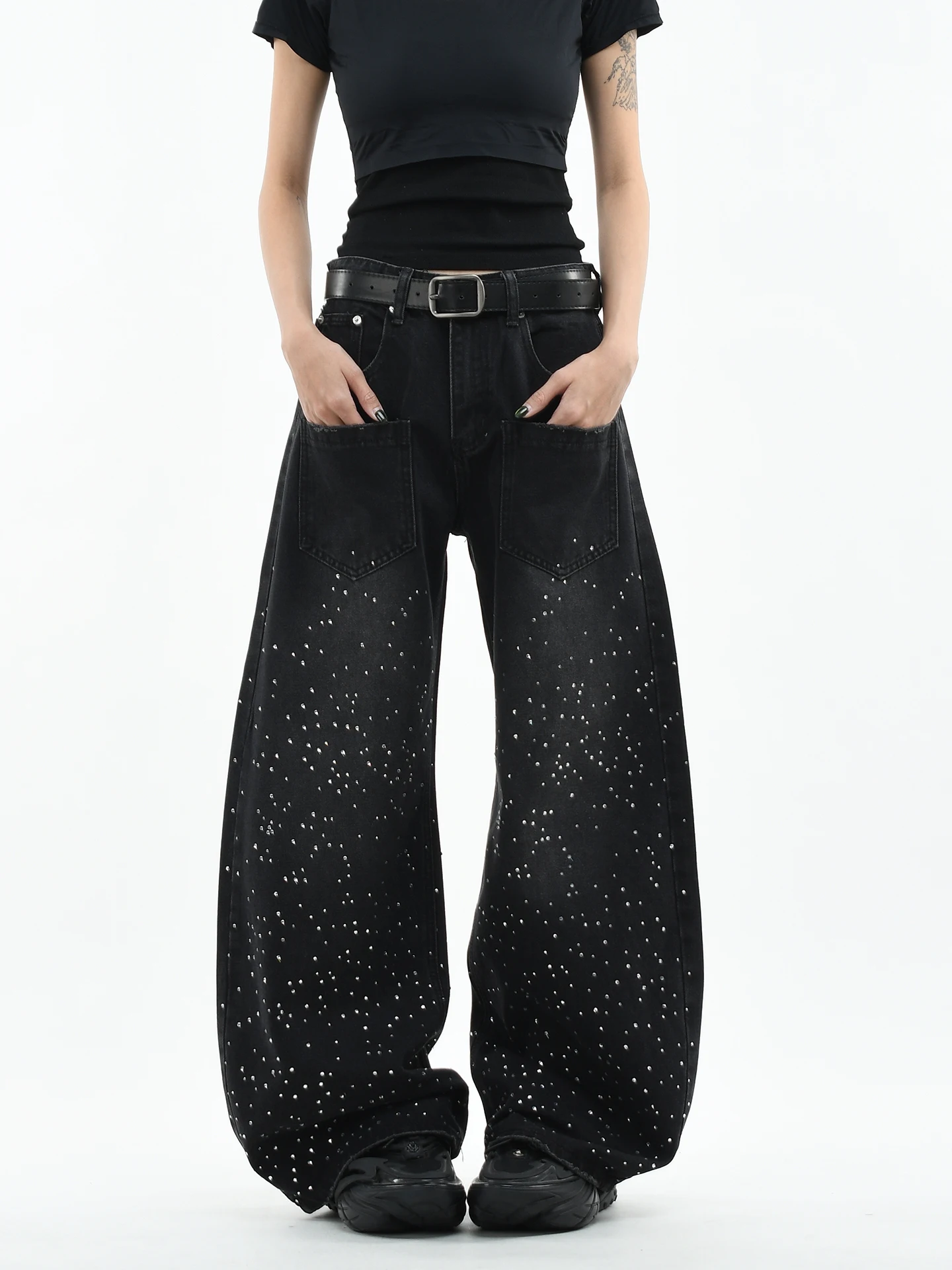 

Оригинальные американские джинсы OV свободного кроя для мужчин, с множеством карманов, с блестящими стразами, в стиле High Street Fashion