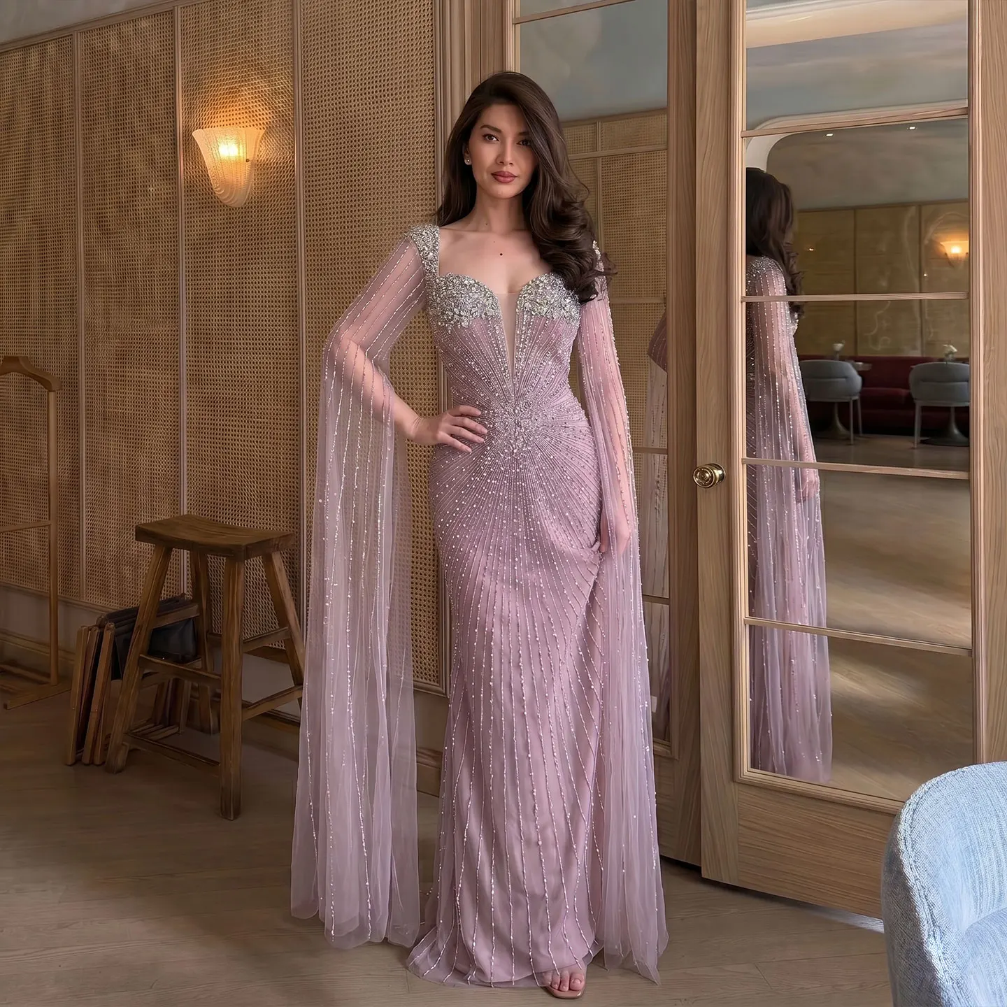 Sharon Said Beaded Pink Evening Dress with Cape Sleeves