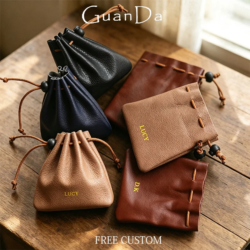 Genuine Leather Engraving Coin Pocket Wholesale Mini String Cowhide Earphone Bag DIY Name Vintage Storage Bags Jewelry Pouch