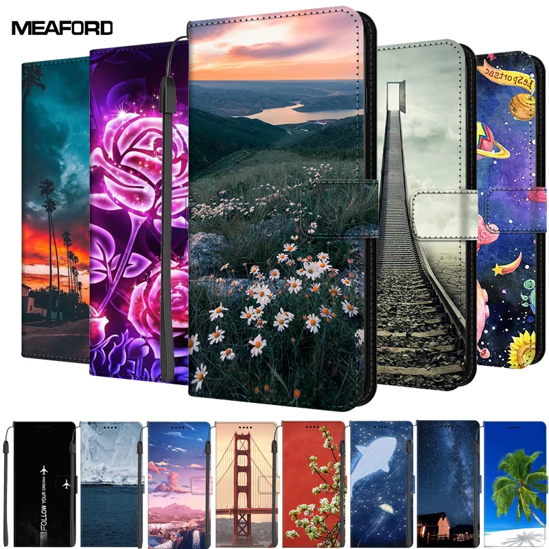 Funda para ZTE Blade A54 A34 Funda de cuero Funda A 54 34 4G Funda con tapa magnética Fundas con soporte para tarjetas Bolsas Flor Funda de dibujos animados