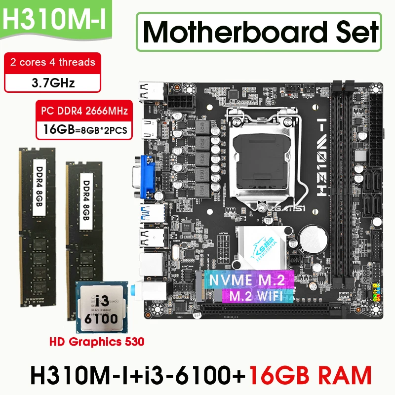 H310 Motherboard Lga 1151 Set Combo kit with Core I3 6100 3.7GHz CPU 16GB DDR4 2666MHZ PC Memory Placa Mae Gaming desktop USB3.0