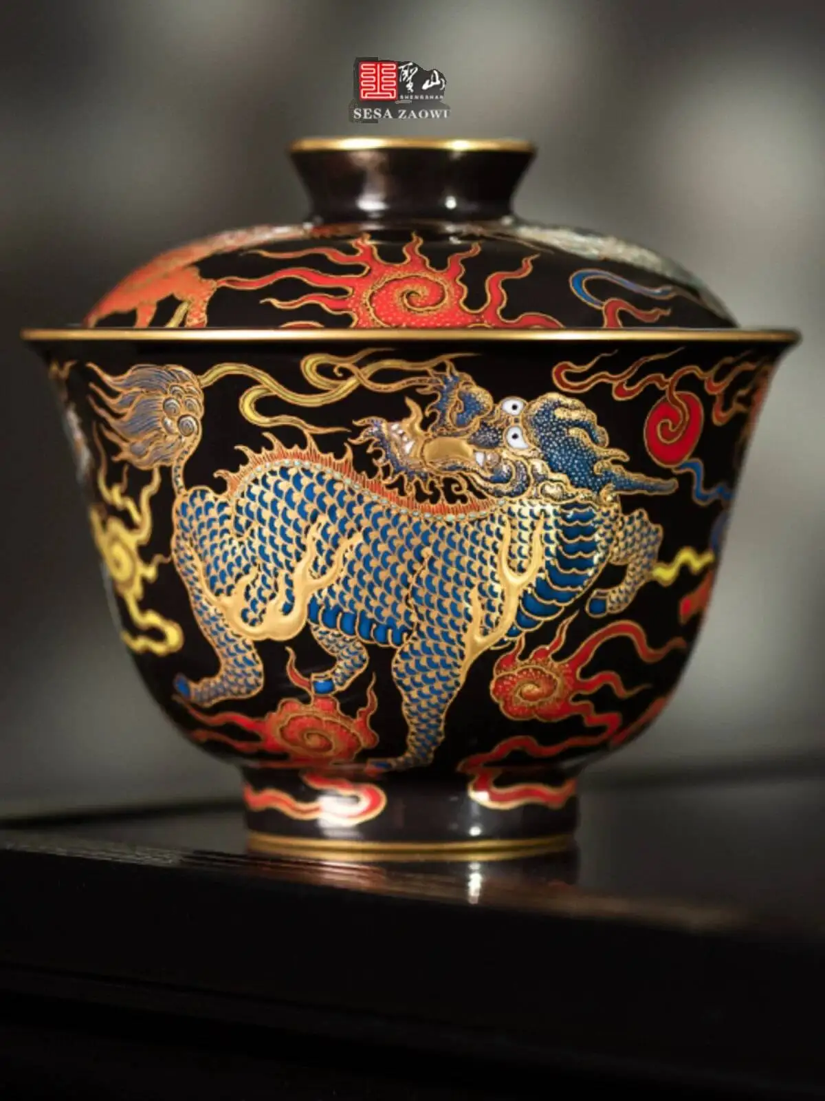 

Holy Mountain Classy Black Glaze Gold And Silver Five Unicorn Gift Blessing Ceramic Jingdezhen Antique Handmade Tea Tureen