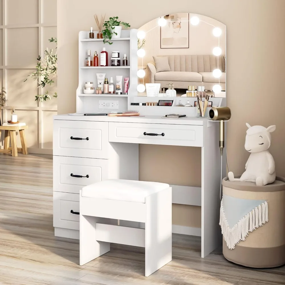 Makeup Vanity Desk with Lights and Charging Station White Vanity Set Makeup Table with 4 Drawers Lots Storage, 3 Lighting Colors