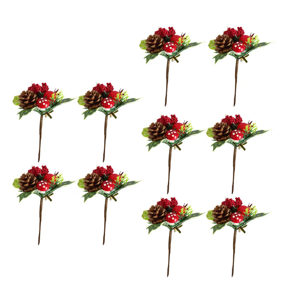 

10Pcs Christmas Artificial Stems Creative Pine Cone Leaf Small Pomegranate Mushroom DIY Home Ornament Decoration Picks