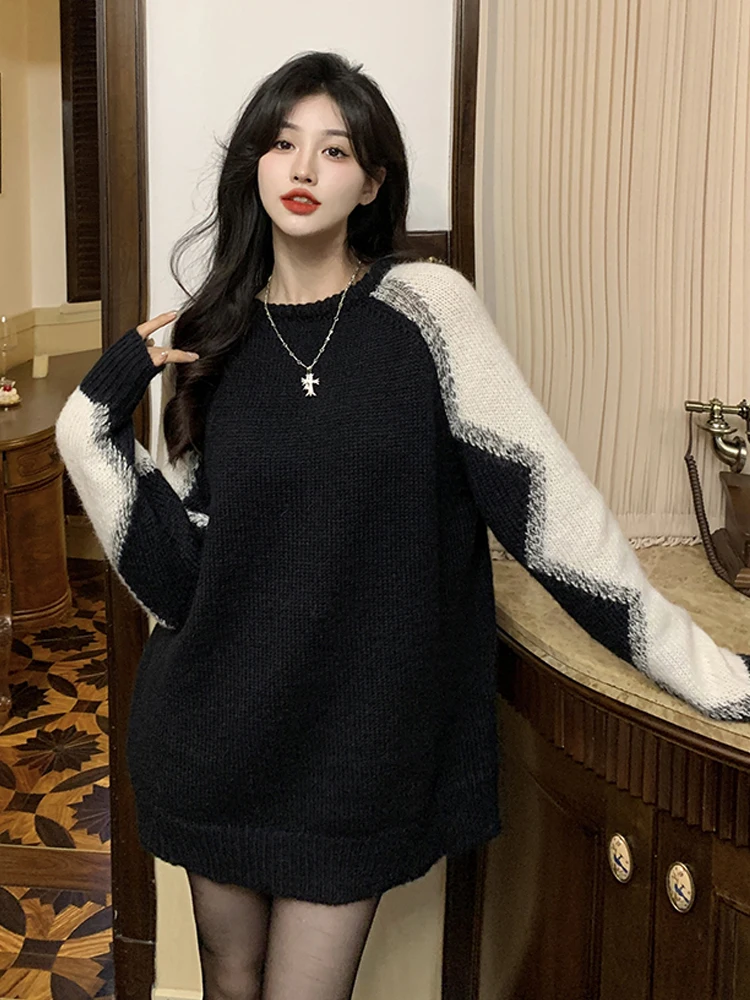 

Autumn Winter Women Knitting O-Neck Spliced Comfortable Pullovers 2022 Popularity Vintage Female Clothing Loose-Fitting Sweaters