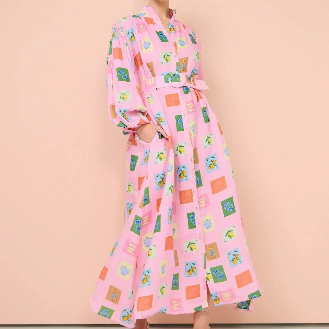 

Printed Vintage Long Sleeves Dress Print Sleeves Beach 2024 Loose Dress Vestidos Casual Fashion Women Elegant Robe New Holiday