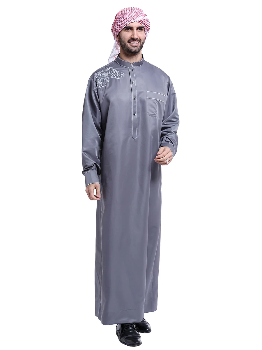 Homens muçulmanos mangas compridas gola bordado botão robe árabe masculino adulto tornozelo comprimento thobe ramadan eid roupas