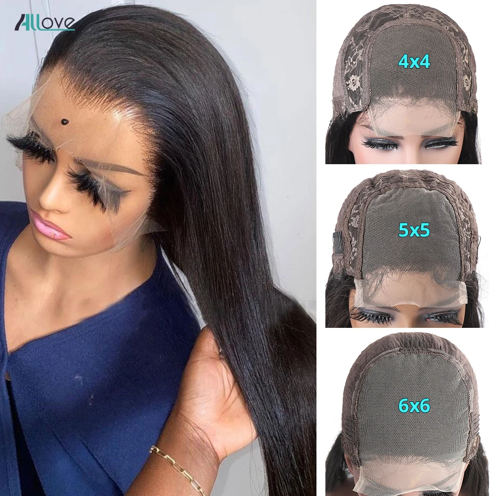 Allove 5x5 6x6 Lace Closure Wig Straight Human Hair Wigs 4x4  Transparent Lace Wig For Women Brazilian Remy Hair Wigs