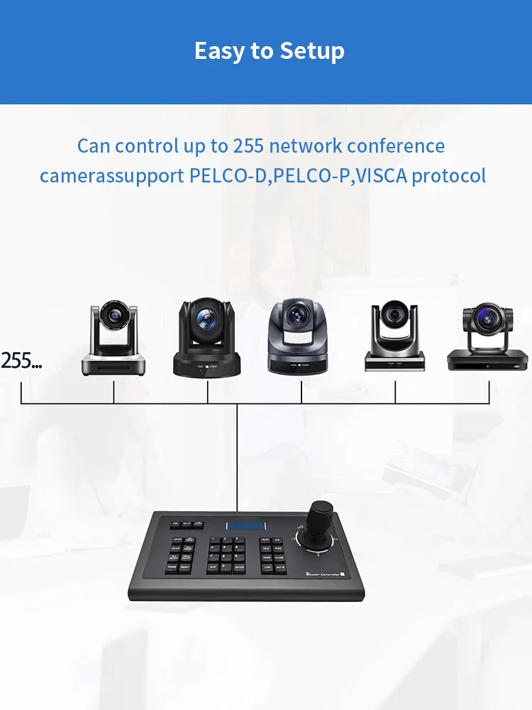 PTZ Camera Controller Video Conference Joystick Keyboard LCD Screen Display RS232 RS485 for Broadcast Church Live Streaming