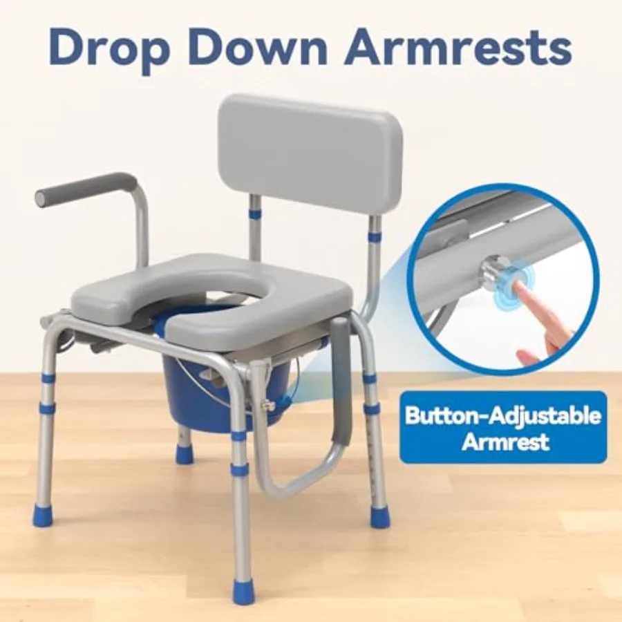 Drop Arm Bedside Commode Commode with Padded Seat and Backrest 500lbs Capacity 5.81QT Removable Bucket Adjustable Height Portab