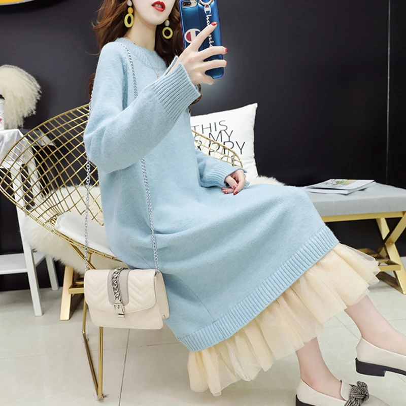 

Women Knitted Dress Autumn Winter Elegant Solid Long Sleeve Long Dress Vestidos Splicing Yarn Skirt Fake Two Pieces Dress CQ319