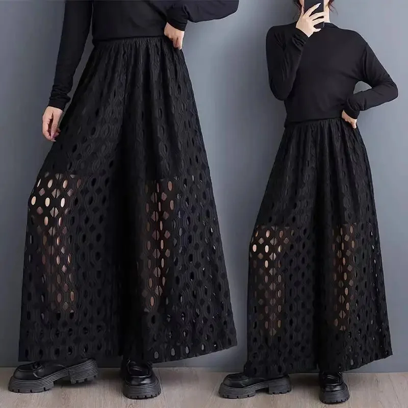 Black Vintage High Waist Hollow Out Wide Leg Pants Women Spring Summer New Casual Loose Ladies Trousers Fashion Streetwear 2026