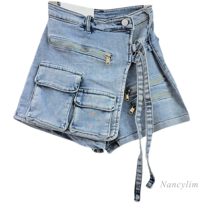 Imagem -06 - Vestuário de Trabalho Irregular Multibolso Feminino Estilo Coreano Shorts Linha a Solto Perna Larga Jeans com Saia Primavera e Verão Novo