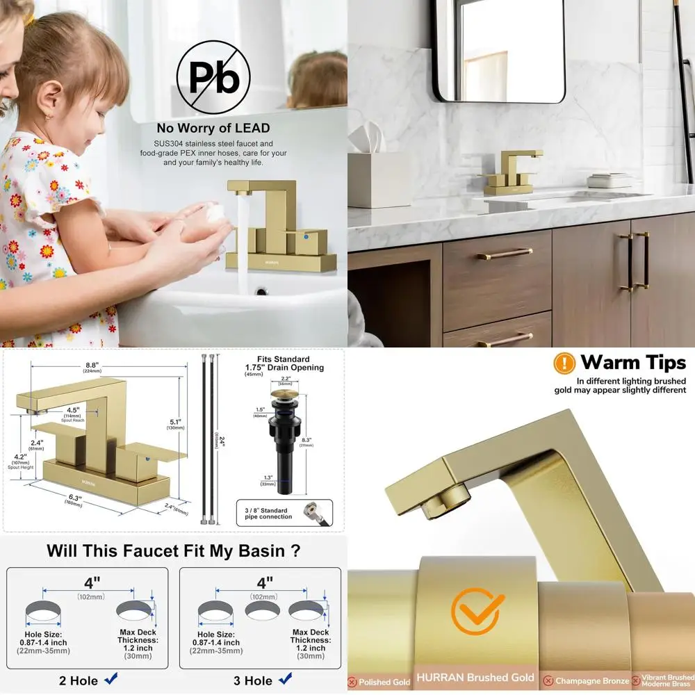 

2-Handle 4 Brushed Gold Bathroom Sink Faucet Set with Pop-Up Drain and Supply Lines for Vanity