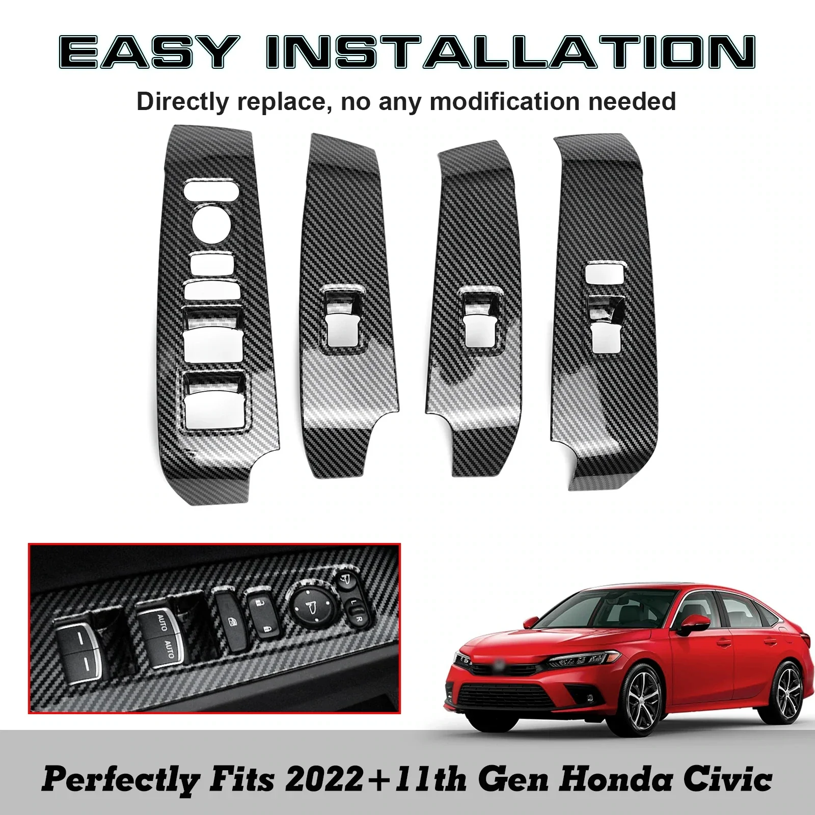 4pcs/set Carbon Fiber Style Interior Door Window Switch Panel Frame Cover Molding Trims For Honda Civic 11th Gen 2022-2025