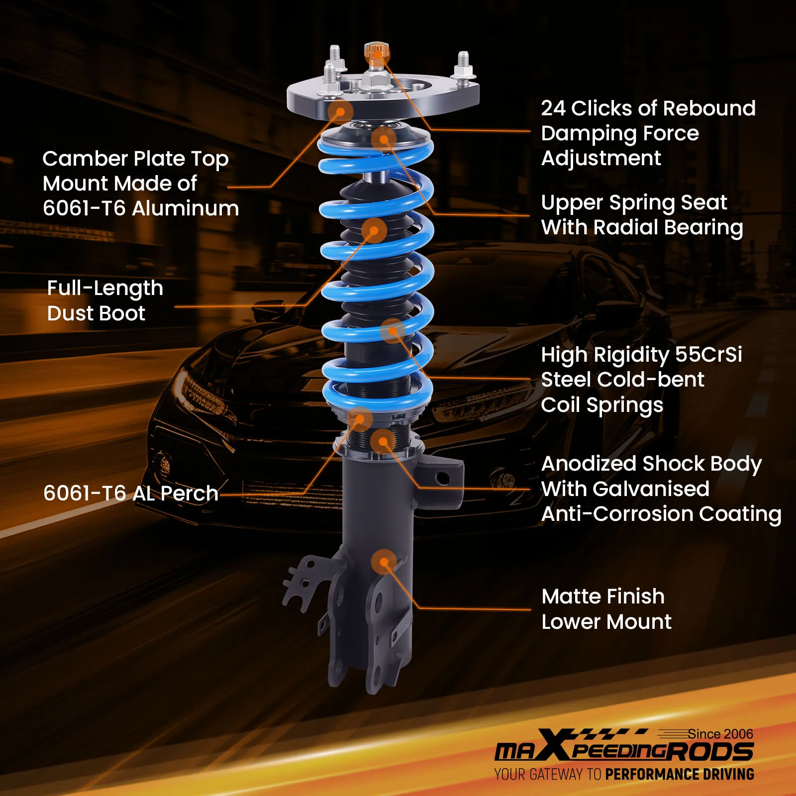 Toyota Camry L/LE/XLE 2018-2022용 24단계 댐퍼 조절식 코일오버 키트