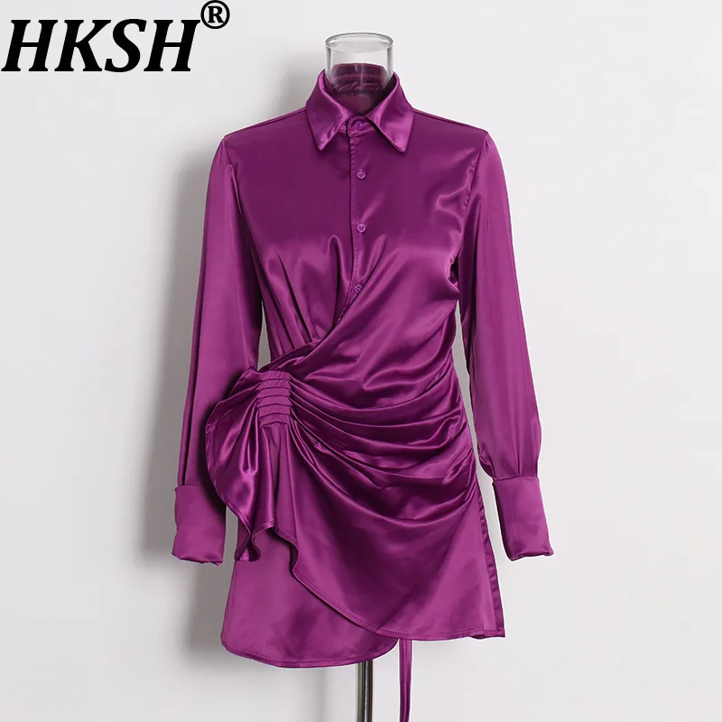 HKSH خريف جديد إمرأة فستان قصير بدوره إلى أسفل طوق كم طويل الخصر Cinching مطوي غير المتكافئة أنيقة فساتين عصرية HK9954