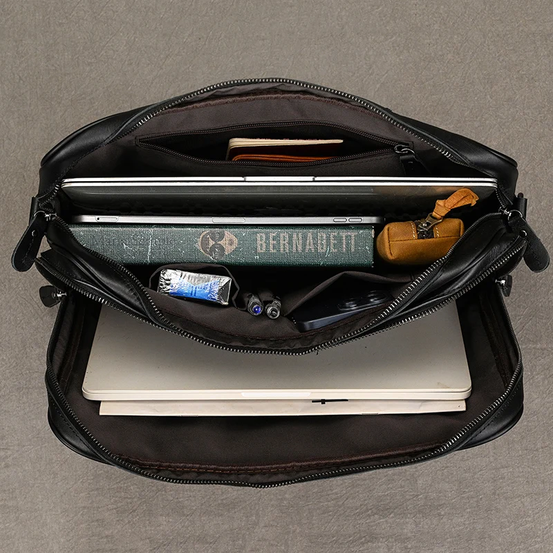 14 "Luxury Menกระเป๋าถือหนังแท้กระเป๋าสะพายCrossbodyกระเป๋าแล็ปท็อปชั้นDoctor Office Manกระเป๋าเอกสารชายToteกระเป๋าสีดํา