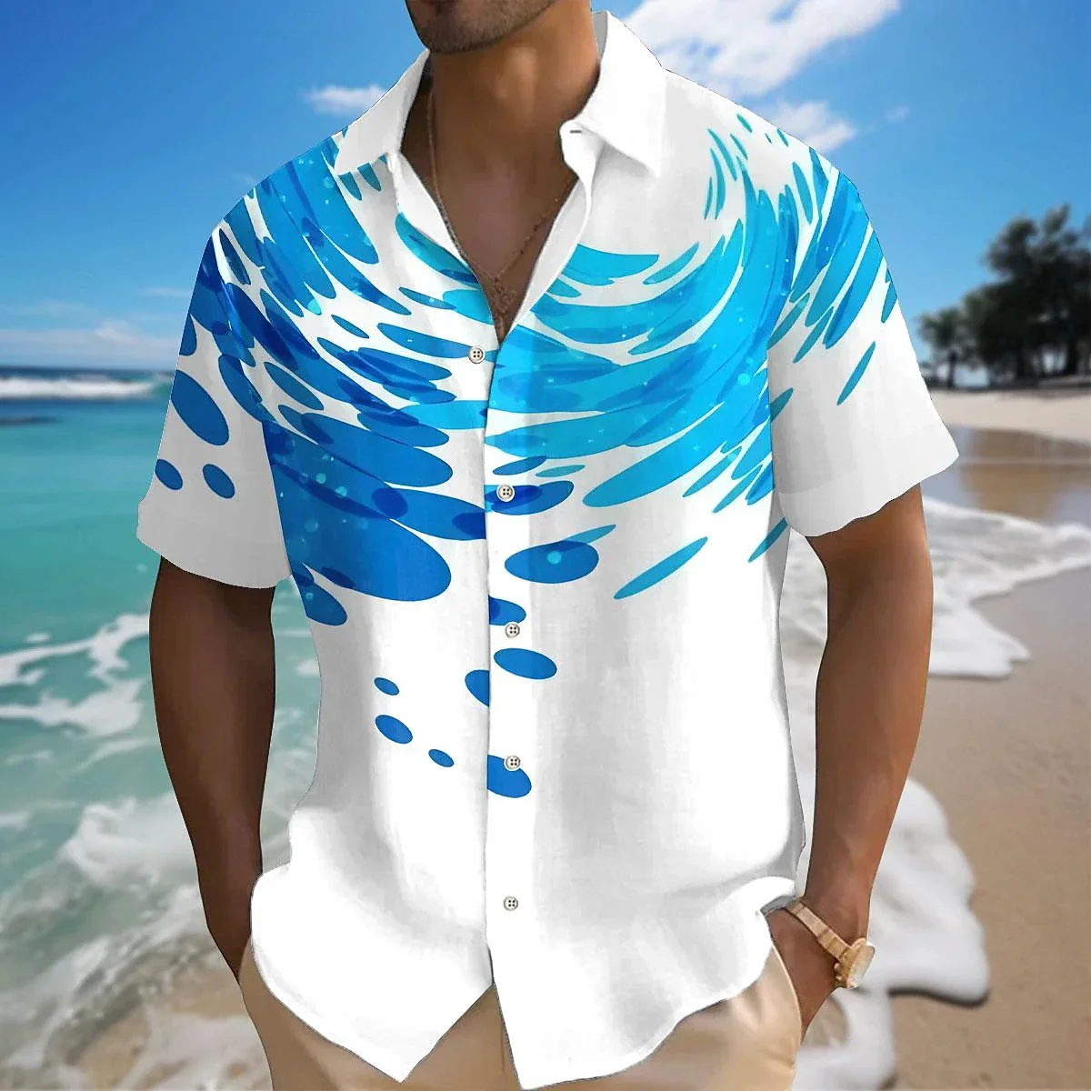 Men's light color natural pattern 3D printed lapel button short-sleeved shirt thin Hawaiian outdoor vacation casual top