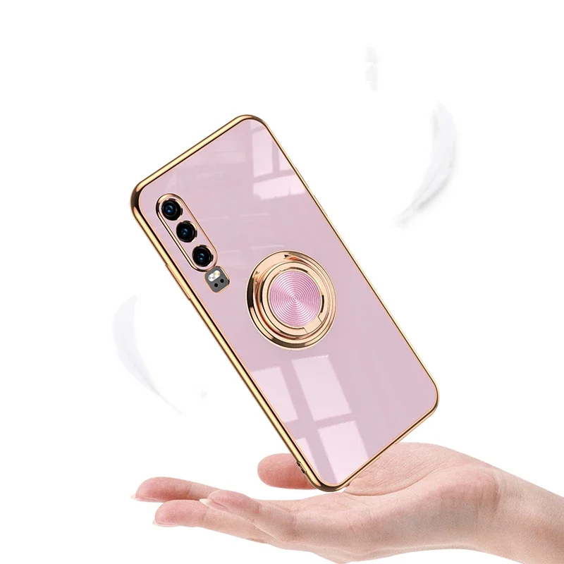 Luxury Plating Silicone Case For Huawei P40 P30 P20 Mate Honor 40 30 20 V30 Nova 8 7 6 Pro Plus Lite SE Ring Holder Stand Cover