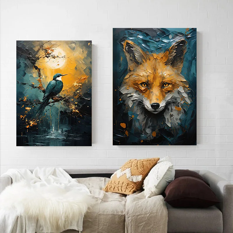 ملصق رسم على قماش القارب الأزرق مطبوع ، شجرة الخريف ، الطيور الطائرة ، الحوت ، الجبل ، الثعلب ، الطبيعة ، فن الجدار ، الصورة ، ديكور المنزل #4