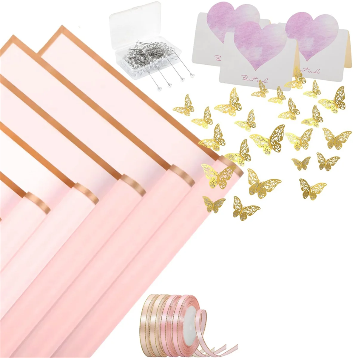 40 Sheets Flower Wrapping Paper with 4 Rolls Flower Ribbons, 20 Cards, 36 Pcs 3D Gold Butterflies ,Pink