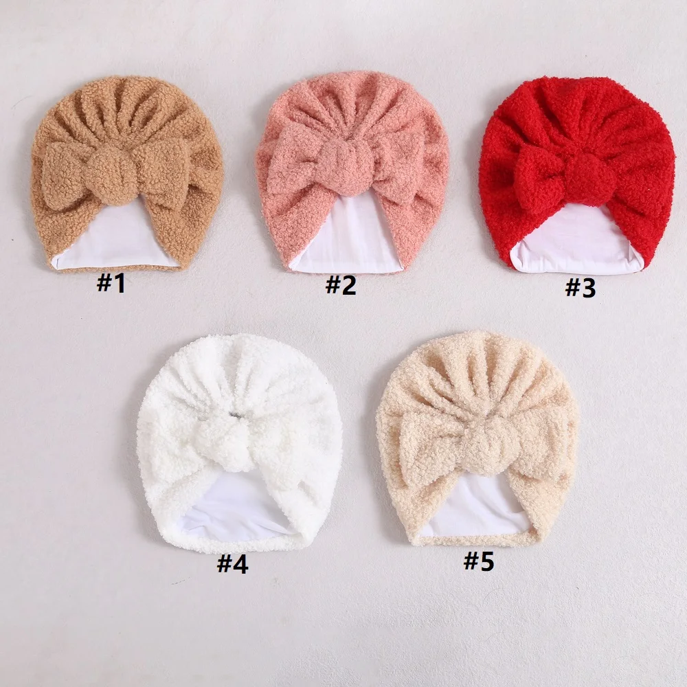 Soild ColorNewborn Baby Hat Wool Bows Caps Solid Color Soft Elastic Sweet Turban Toddler Warm Winter Headwraps Baby Accessories