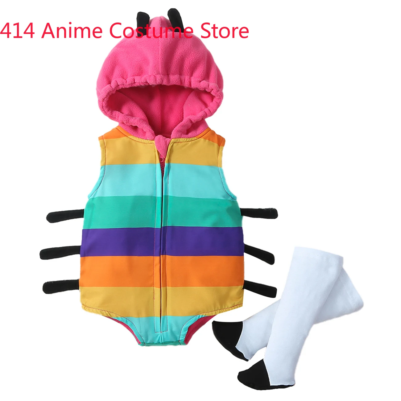 0-18M Baby Girls Color Caterpillar Costume Hoodie Romper Bodysuit Stockings 2pcs/set Zipper Sleeveless Purim Fancy Dress