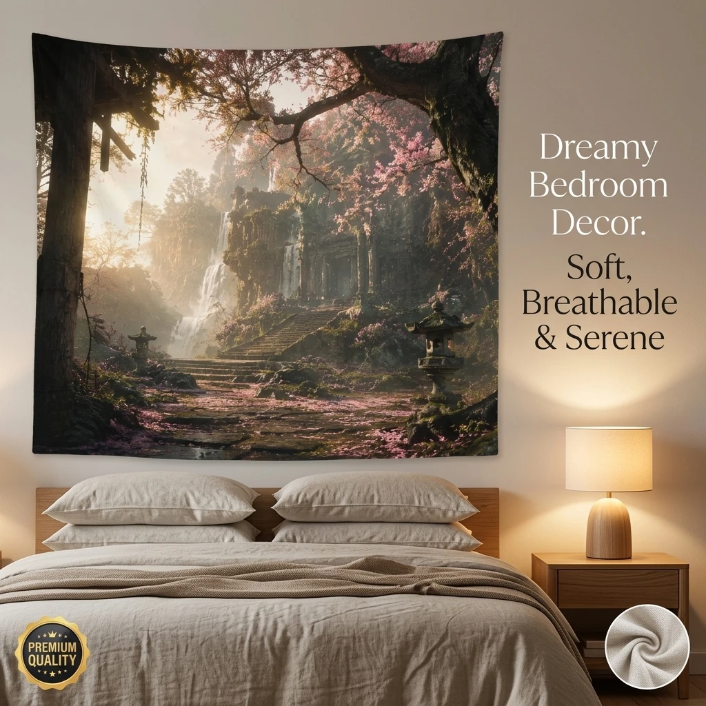 Large Misty Waterfall Forest Tapestry Wall Hanging Decor Boho Bedroom Art Print Nature Landscape Jungle Illustration