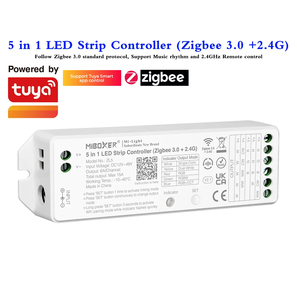 5 in 1 LED Strip Controller Zigbee 3.0 Support Music Rhythm And 2.4GHz Remote Control Tuya WiFi APP DC12V 24V 48V