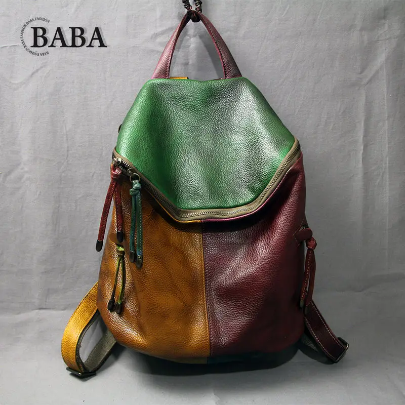 Vintage Vegetable Tanned Cow Leather Women Backpack Large Capacity Outdoor Travel Backpack European American Fashion Women Bag