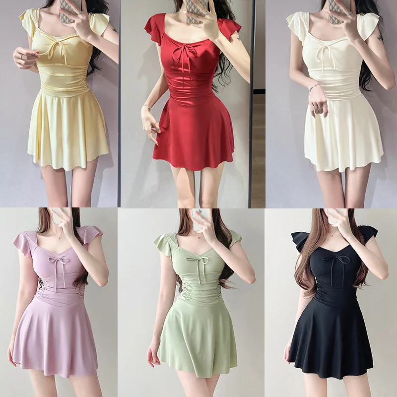 Swimsuit women's one-piece solid color skirt conservative slim fit cover the flesh cover belly student hot spring