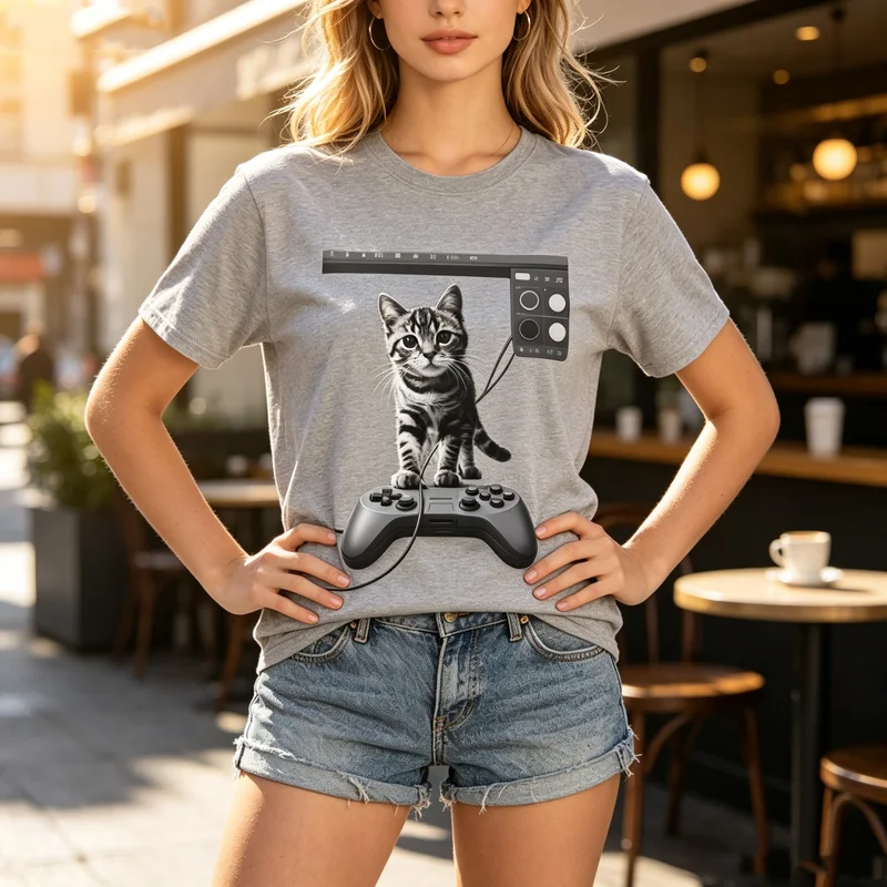 Cat Game Controller Graphic T Shirt Funny Gamer Cat Print Womens Soft Cotton Crew Top  Oversized Tee Harajuku Y2k