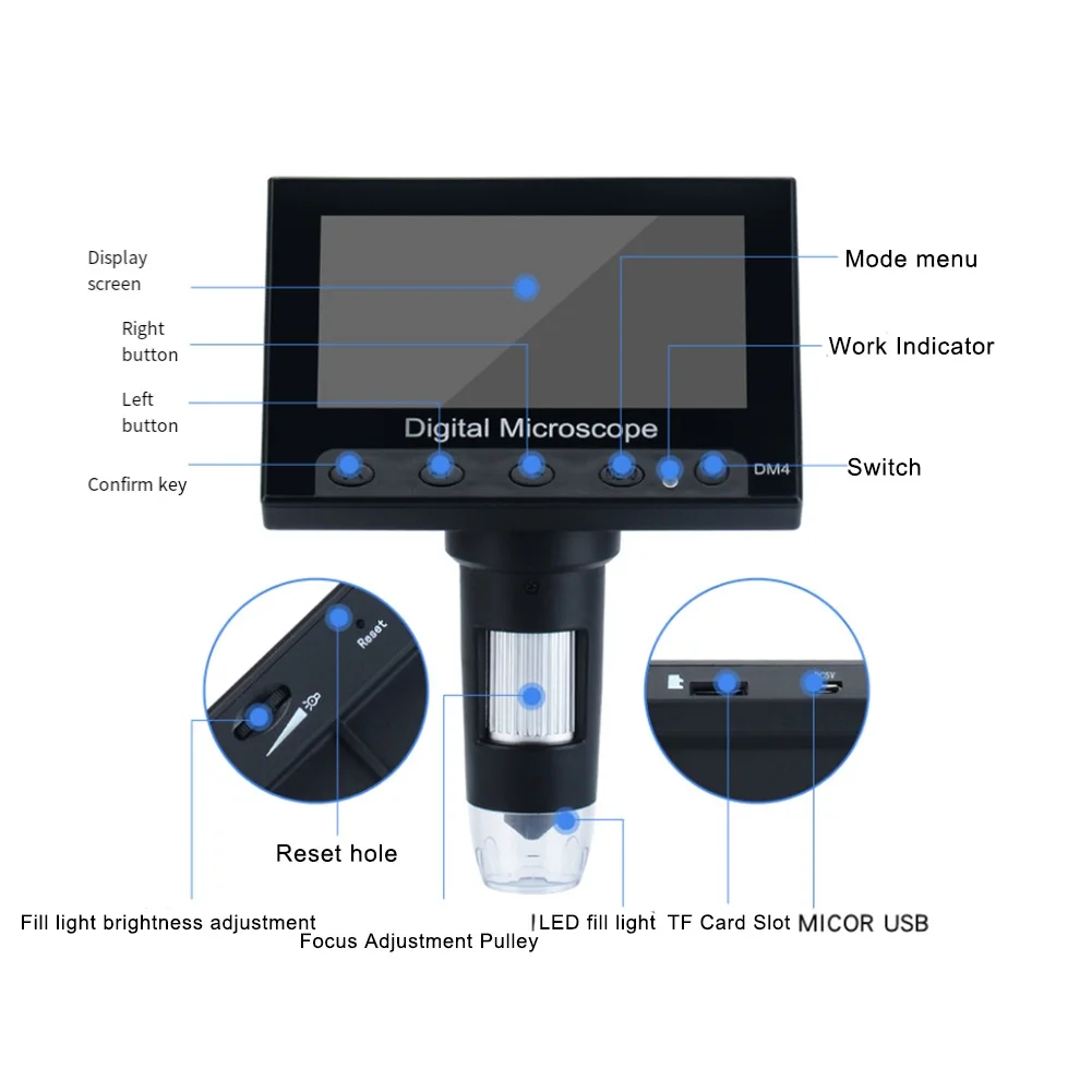 For Industrial Inspection Black,white Digital Microscope Tools 50-1000X Zoom 640x480 1280x720 26fps Lens 1 6.5