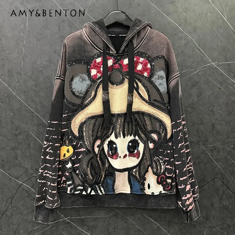 

Autumn Winter Heavy industry New Cartoon Little Girl Color Block Hooded Fleece Sweatshirt Women's Loose Casual Versatile Hoodies