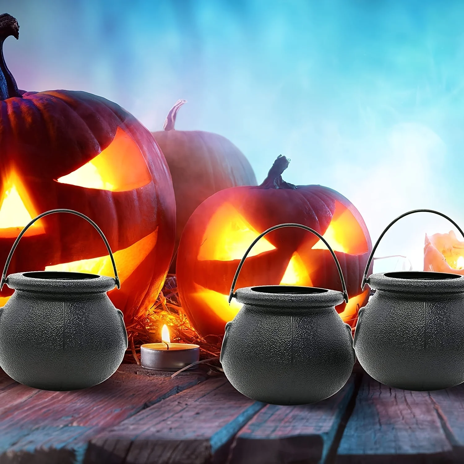 6pcs Halloween Candy Bucket Cauldron Holder Jar Witch Handheld Candy Kid Toy Trick Or Treat Halloween Party Decoration Prop