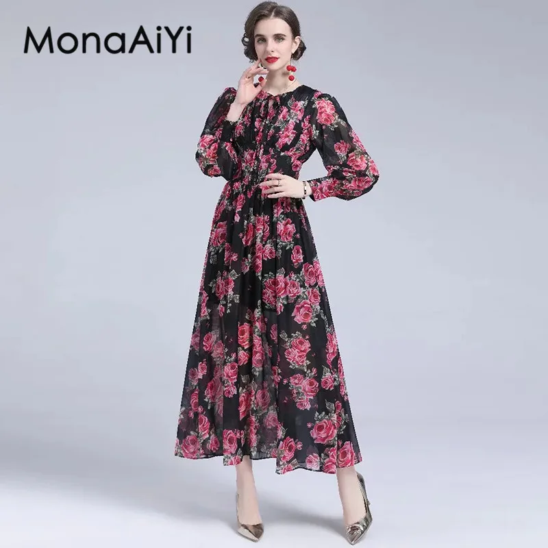 MonaAiYi-Robe à lacets pour femmes, col rond, style bohème, vintage, imprimé, grande balançoire, été