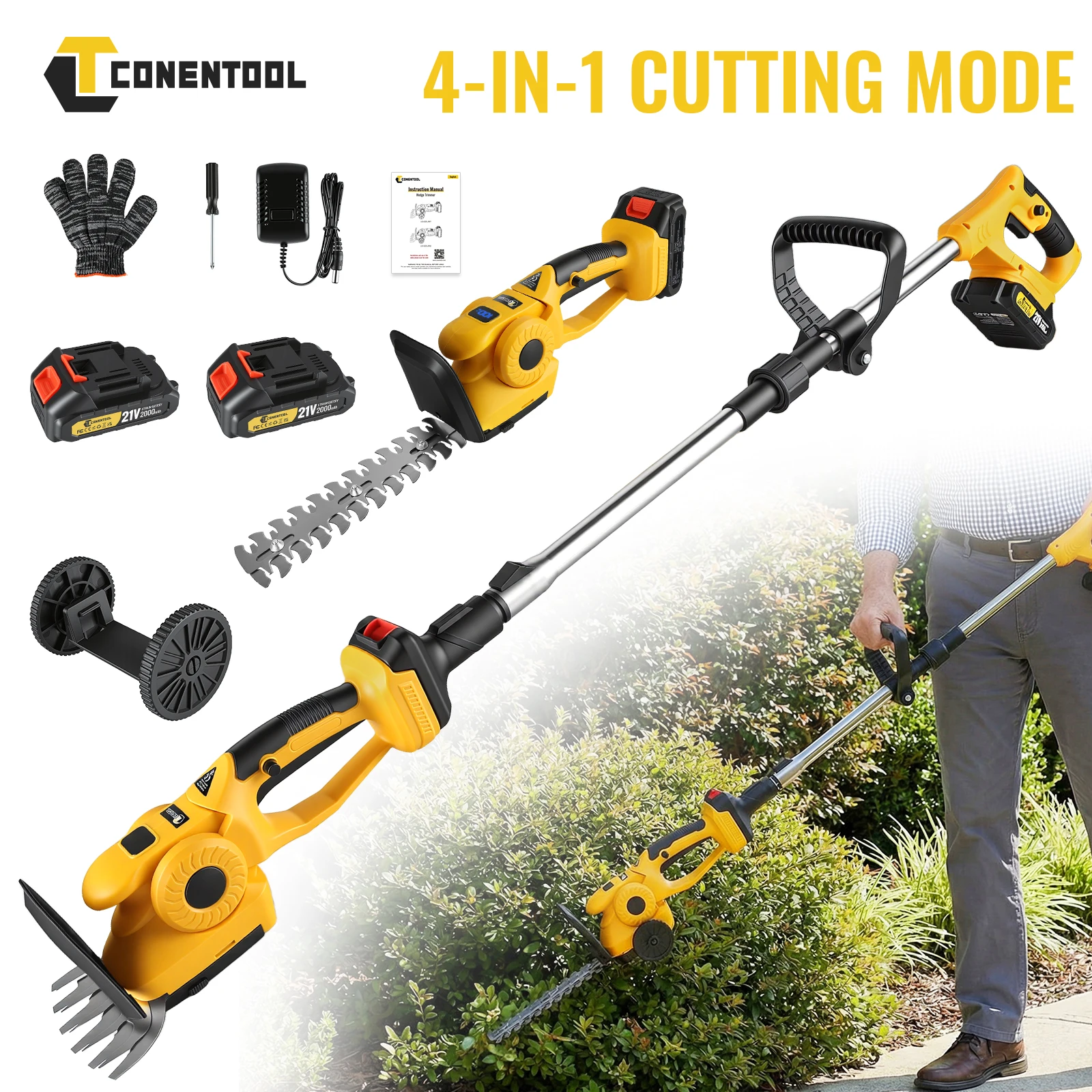 CONENTOOL 4-in-1 Akku-Heckenschere 20000 U/min 9 Zoll Elektrische Strauchschere Grasschneider 21V für Makita 18V Akku