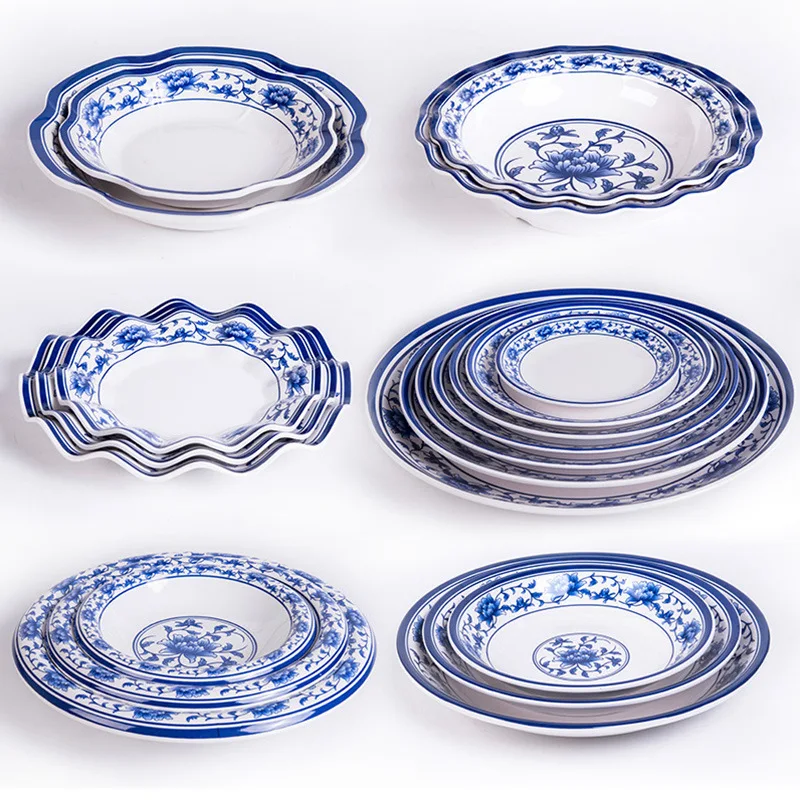 1 Stück tiefer Teller aus melaminblauem und weißem Porzellan, Restaurantgeschirr